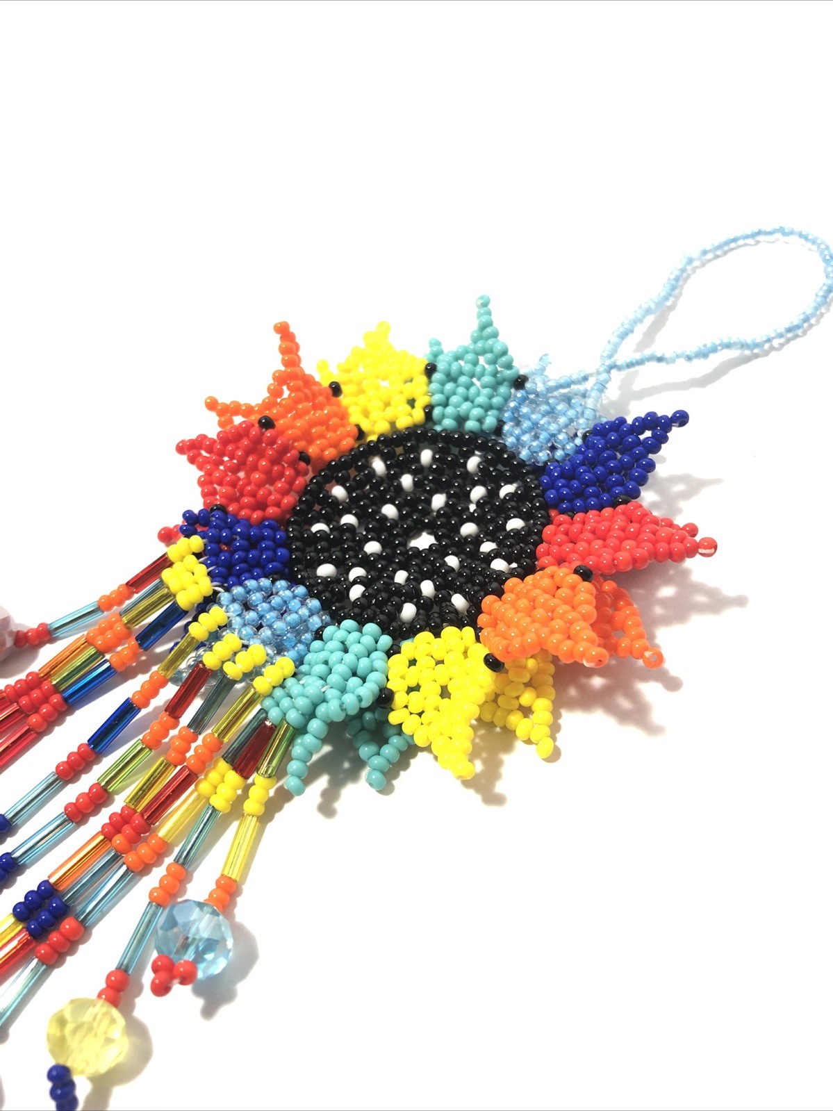Hand Made Beaded Colorful Mexican Sunflower 5” Seed Bead Dangle Charm Ornament.