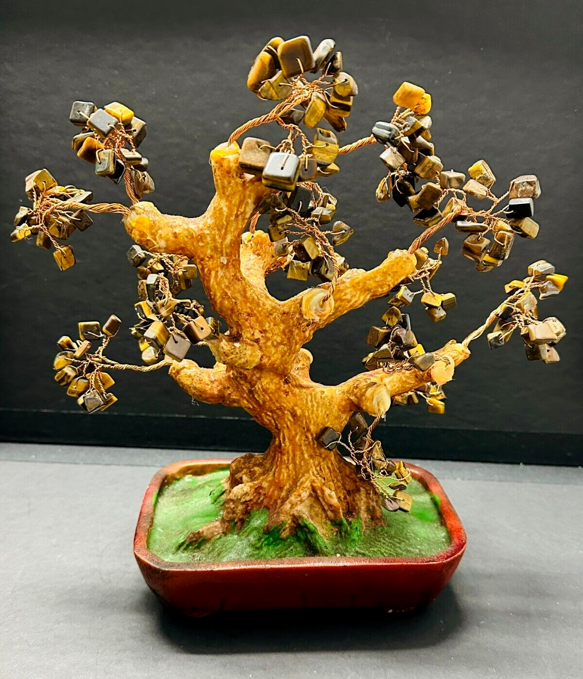 💕Vintage Twisted Copper Wire Bonsai Tyger Eyes Gemstone Tree Ceramic Pot 10″