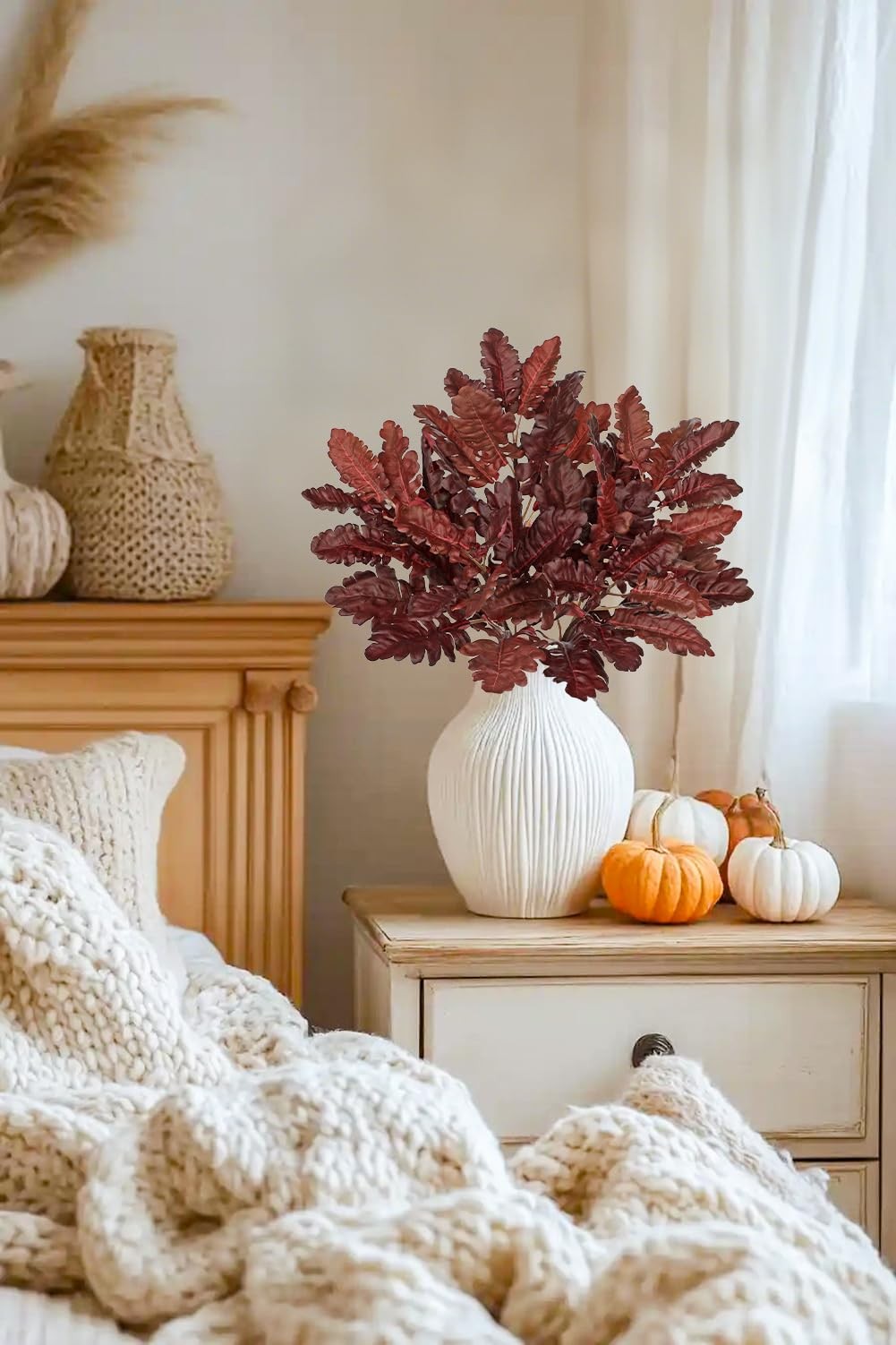 Faux Oak Leaf Branches 5 Pcs Fall Leaf Stems for Vases, 18″ Burgundy Fall Ste…