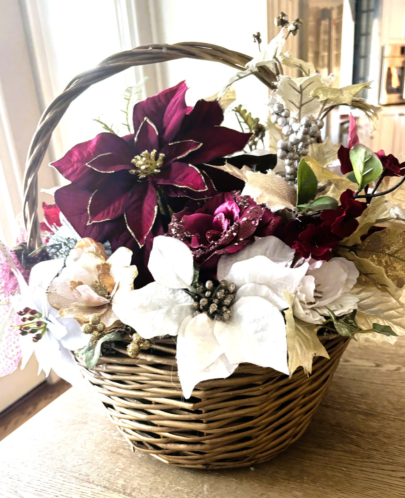 Burgundy and Gold Flower Christmas Basket