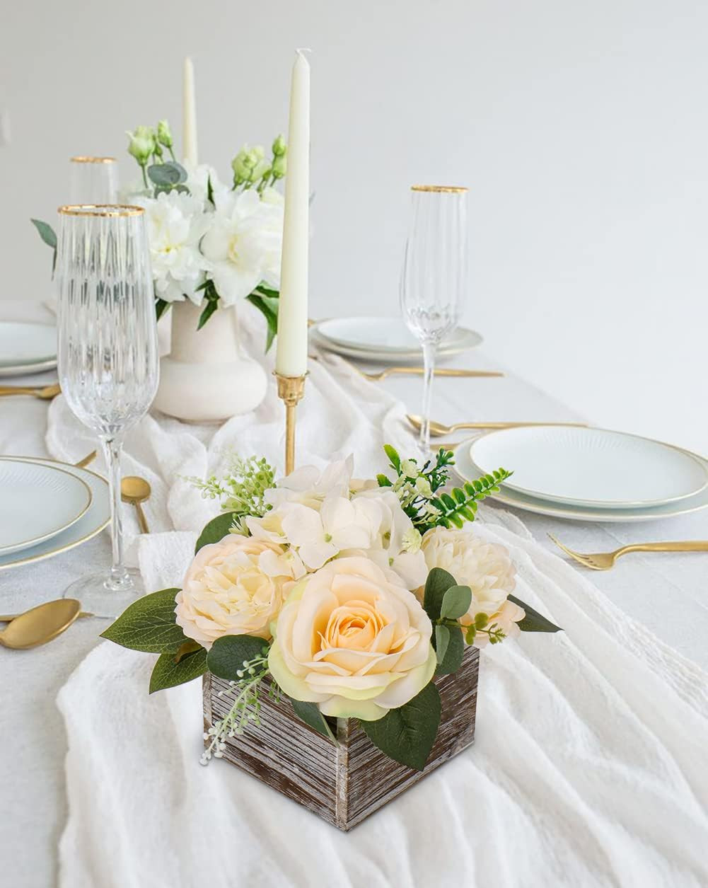 Flower Arrangement with Wooden Vase 8″ Artificial Flowers in Pot – Fake Flowers