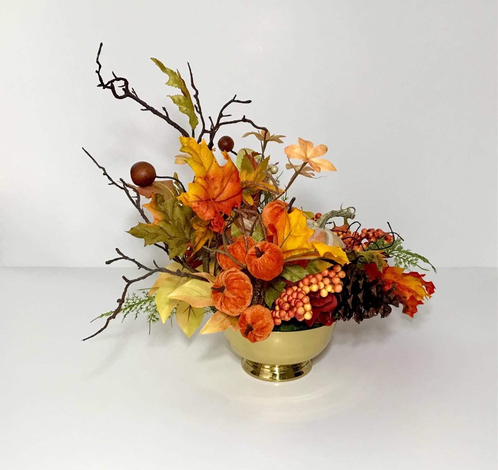 MODERN FALL HARVEST ARRANGEMENT BRASS CONTAINER THANKSGIVING CENTERPIECE TABLE
