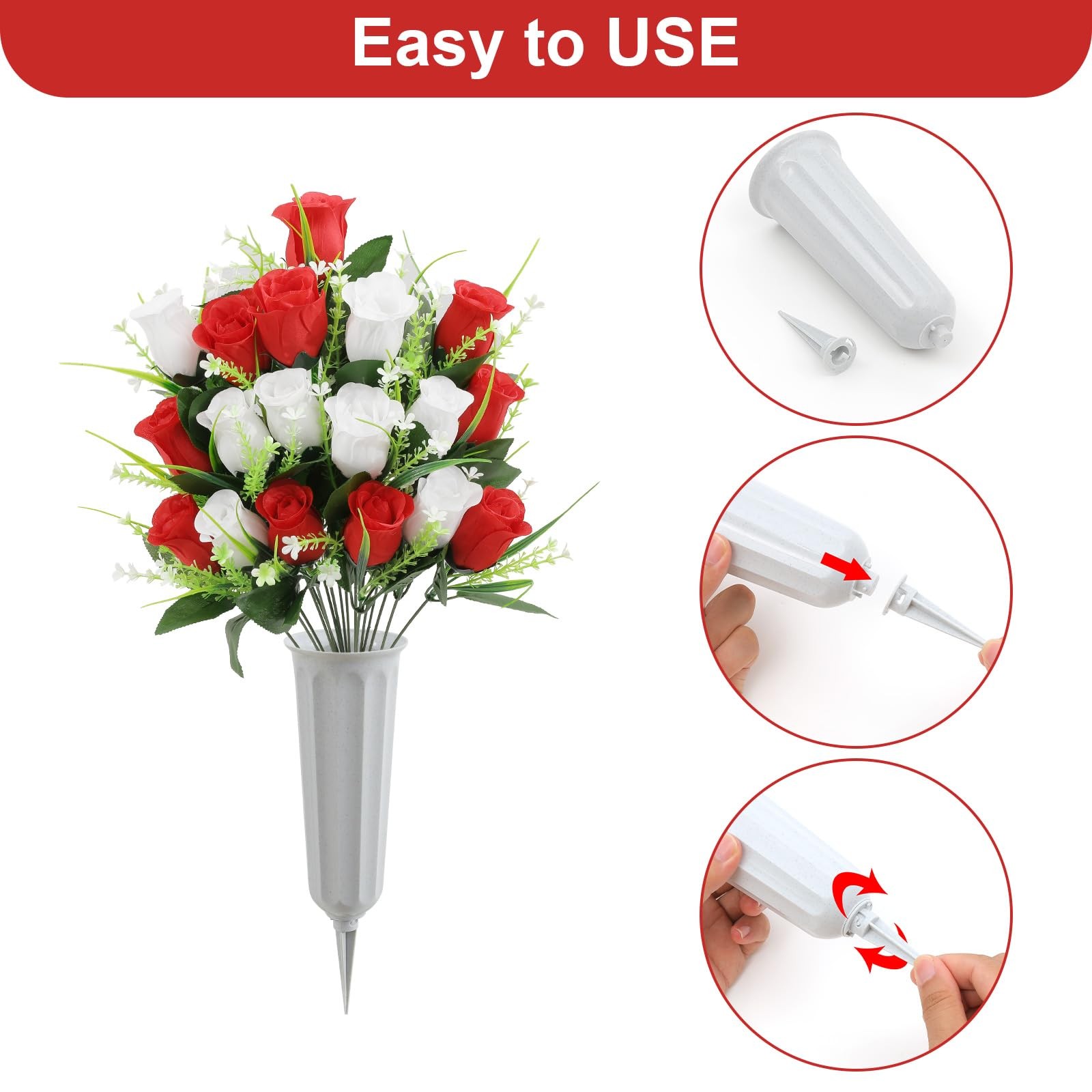 2Pcs Artificial Cemetery Flowers for Grave Silk Memorial Rose Flowers Outdoor…
