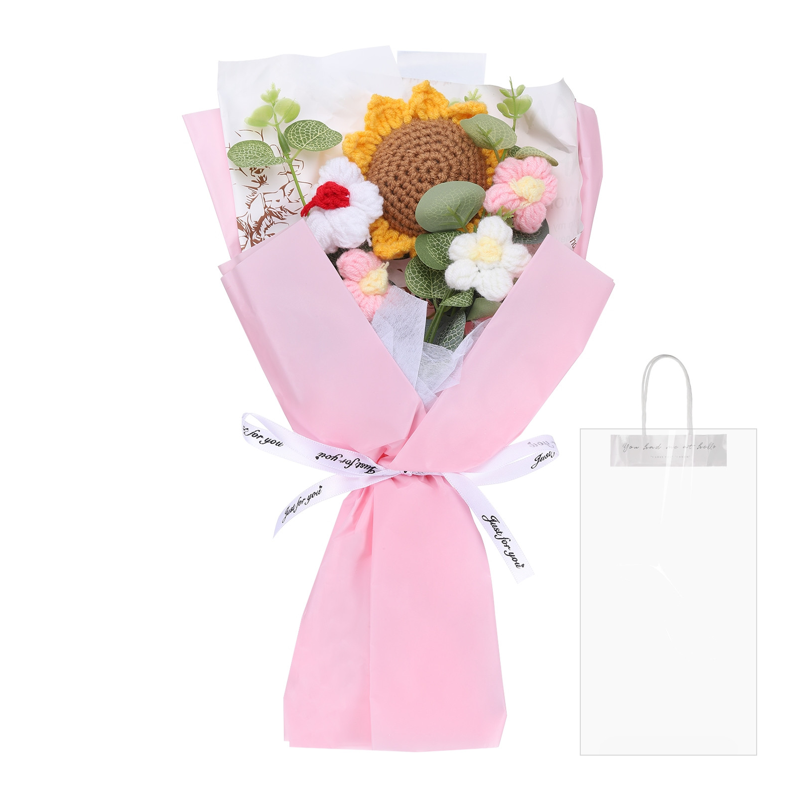 Crochet Flowers Bouquet, Handmade Artificial Bouquet Sunflower, Pink