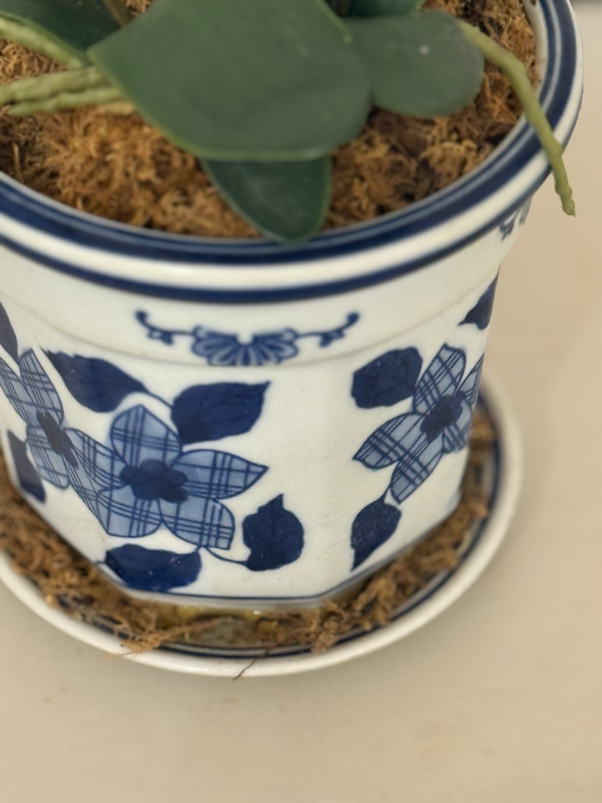 16″ Faux White Orchid Artificial Floral Arrangement Blue White Chinoiserie Pot