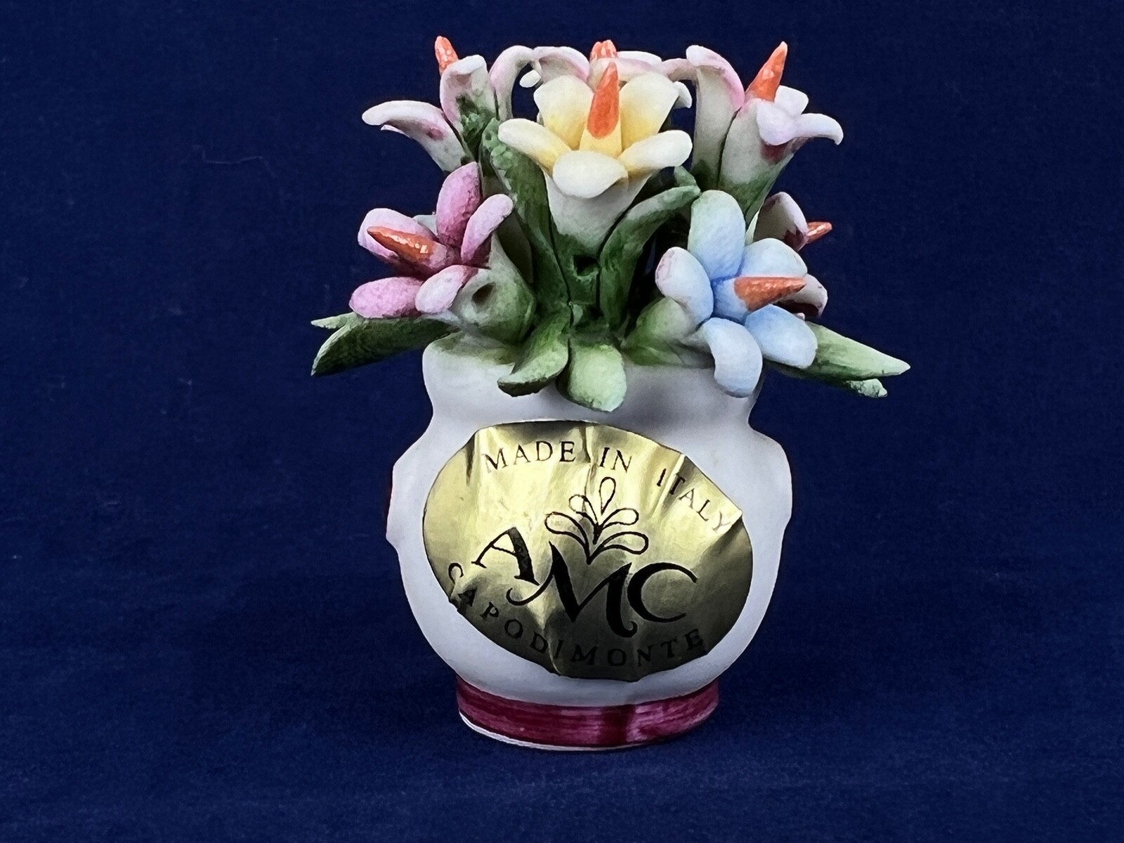 AMC Capodimonte Italy Tiny 2 Inch Bouquet of Flowers in Vase Pink Yellow Blue
