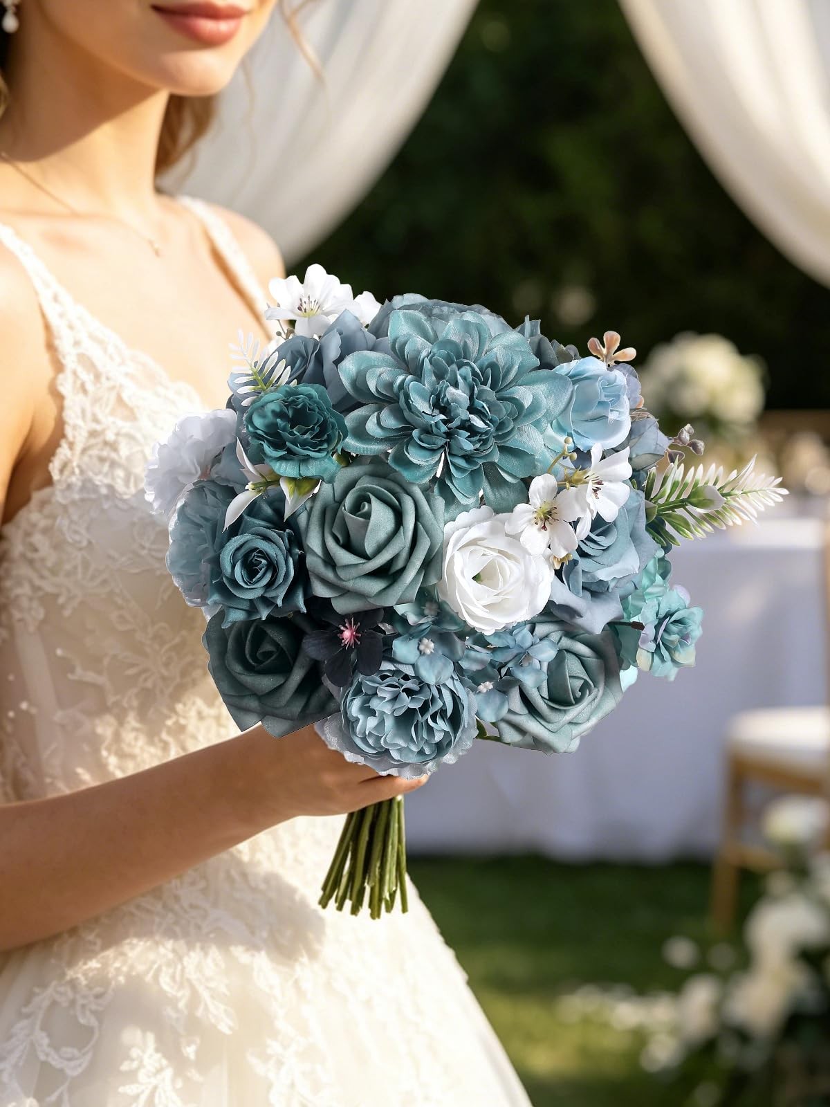 Artificial Flowers Combo Dusty Blue Silk Wedding Bouquet Table Decor