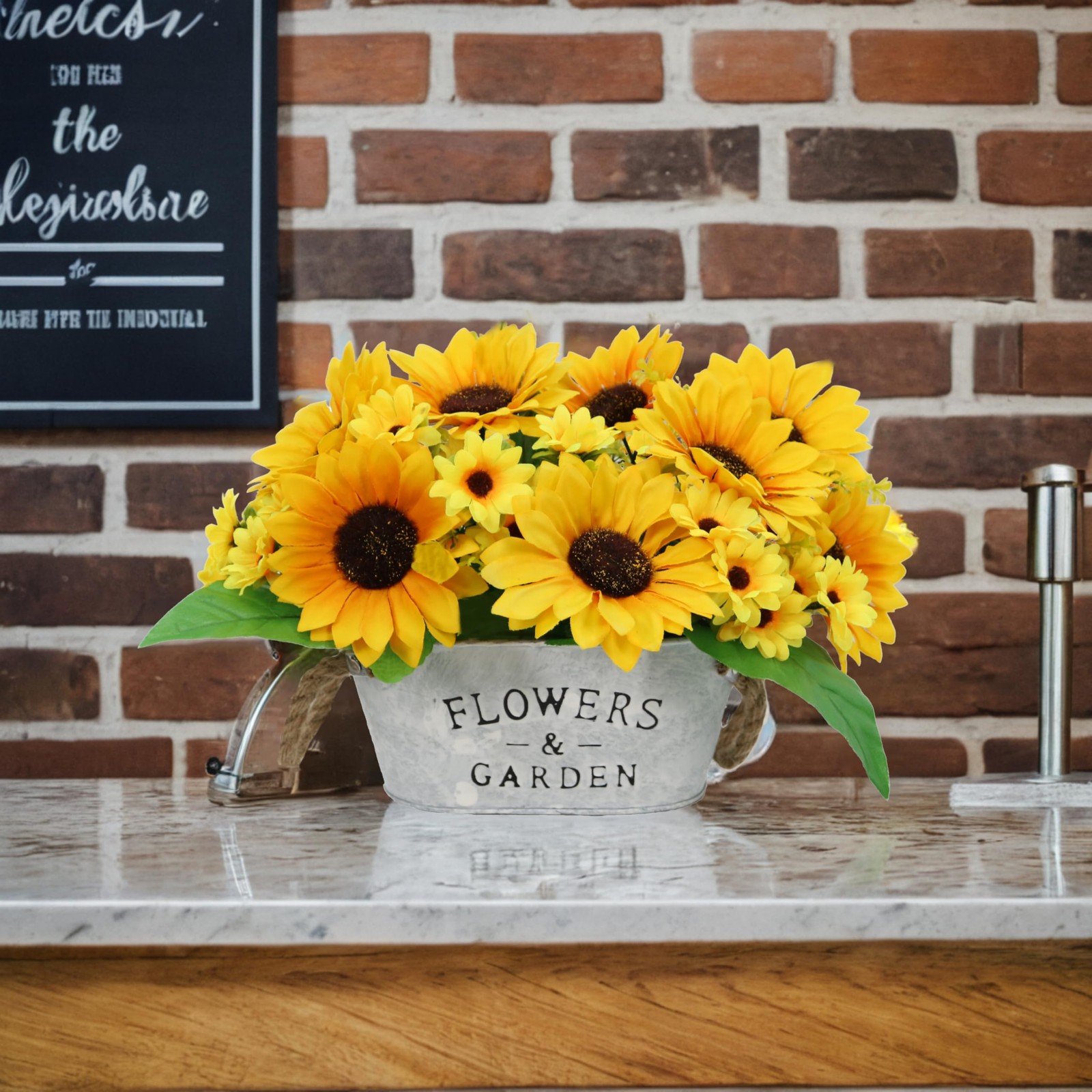 Artificial Flowers in Pot 8″ Tall Faux Silk Sunflowers with Metal Planter, Fa…