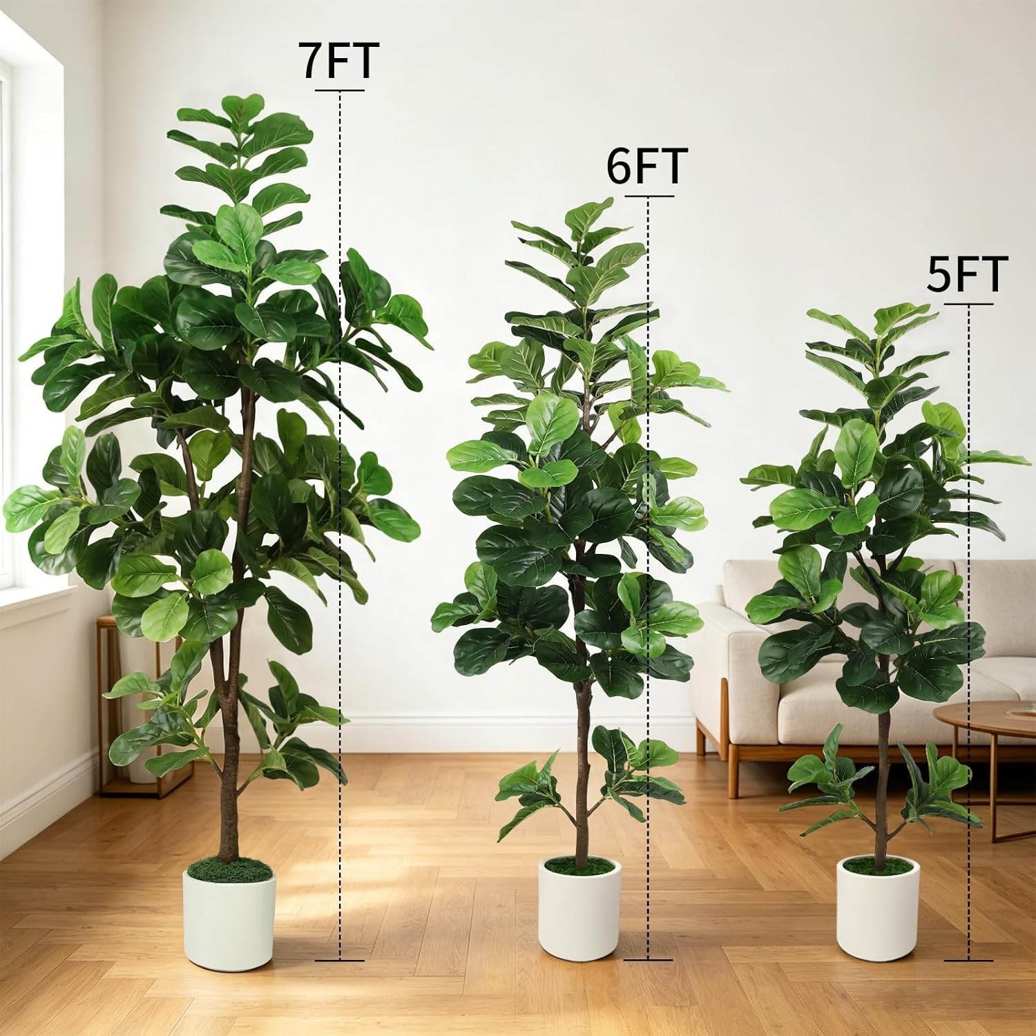 7FT Artificial Fiddle Leaf Fig Tree with White Planter & Fake Moss Realistic