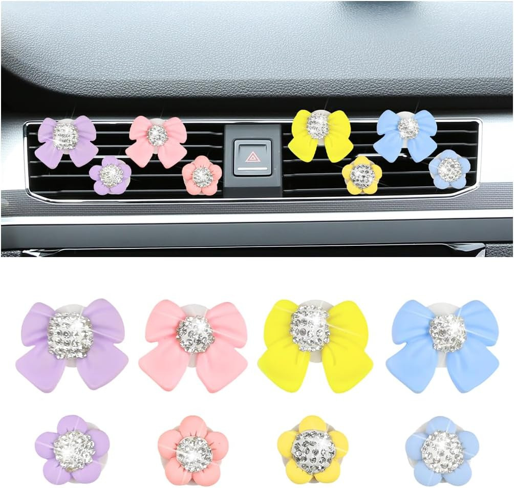 Bling Flower & Bow Car Air Vent Clip, 8PCS Crystal Rhinestone Cute Vehicle Condi