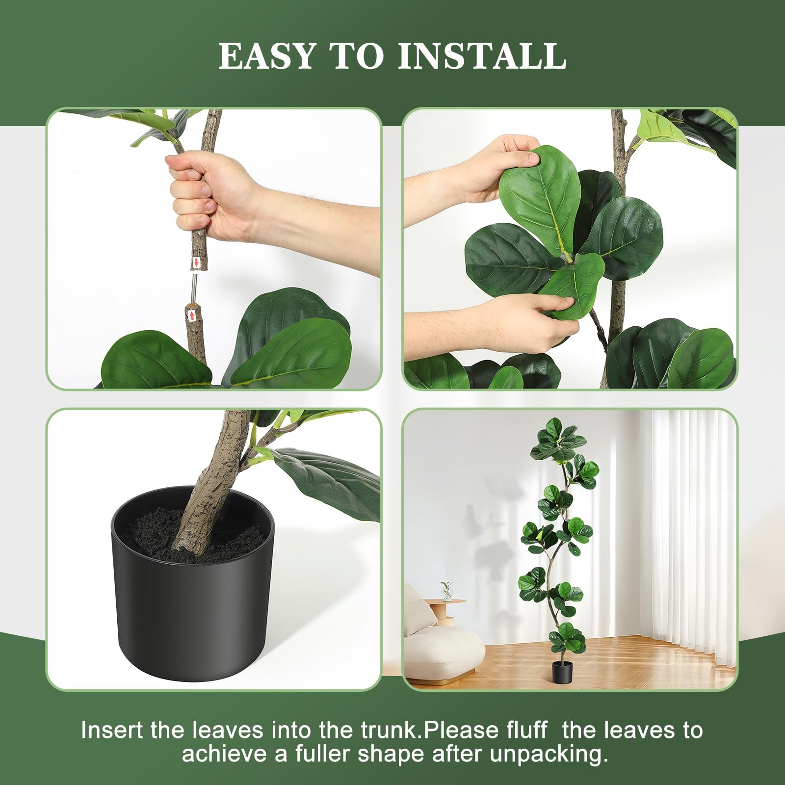 5/6/7FT Artificial Fiddle Leaf Fig Tree in Black Pot ,Tall Fake Plant Home Decor