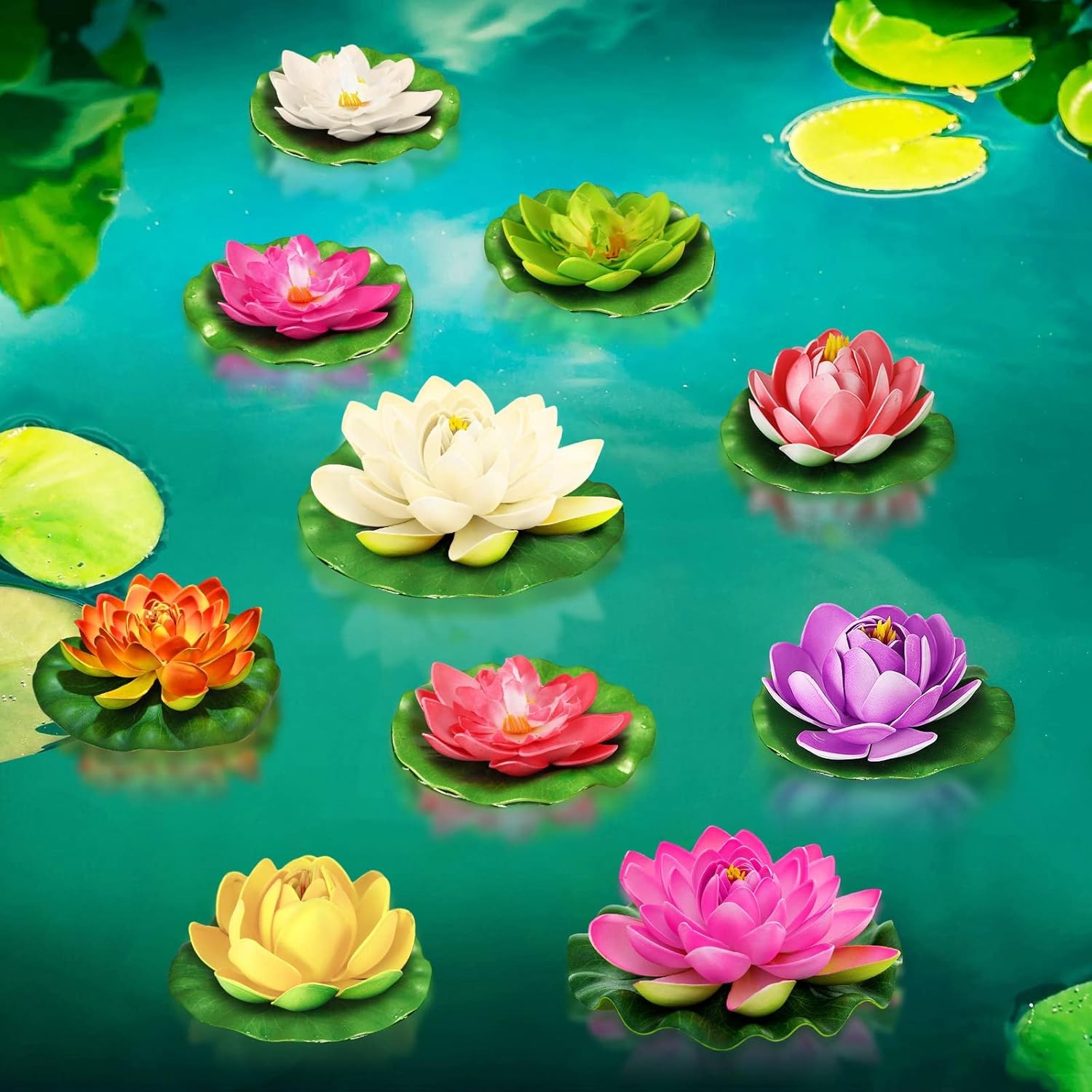 Artificial Lotus Flowers Water Lilies for Pond Pool, 10 Pcs Realistic Floating F
