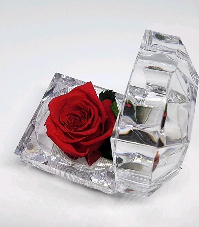 preserved Real red rose W Leaf In clear diamond shaped acrylic Ring box