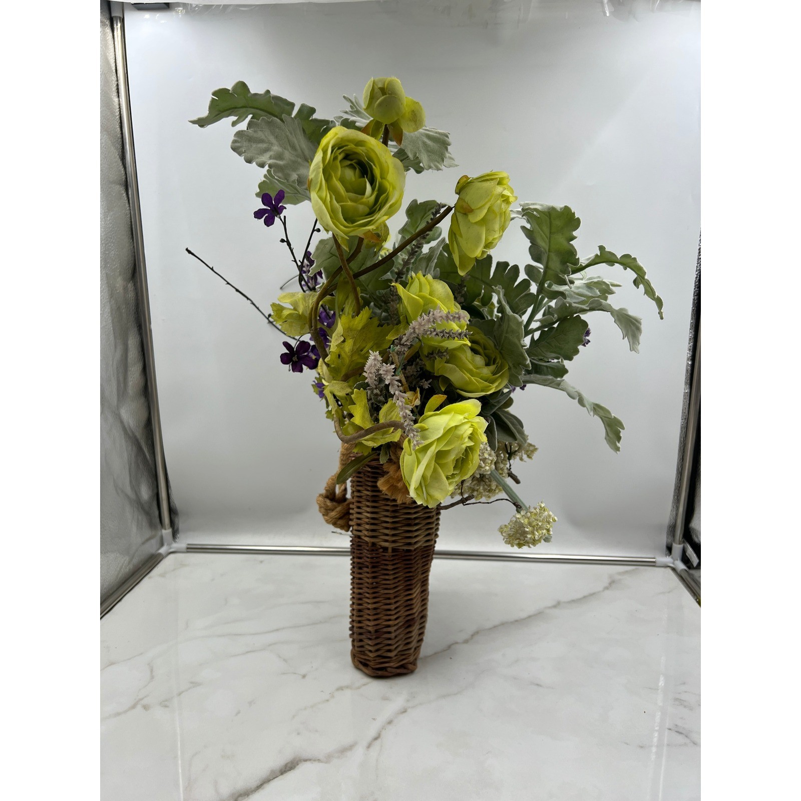 Artificial Lime Green Ranunculus & Purple Floral Arrangement in Wicker Basket