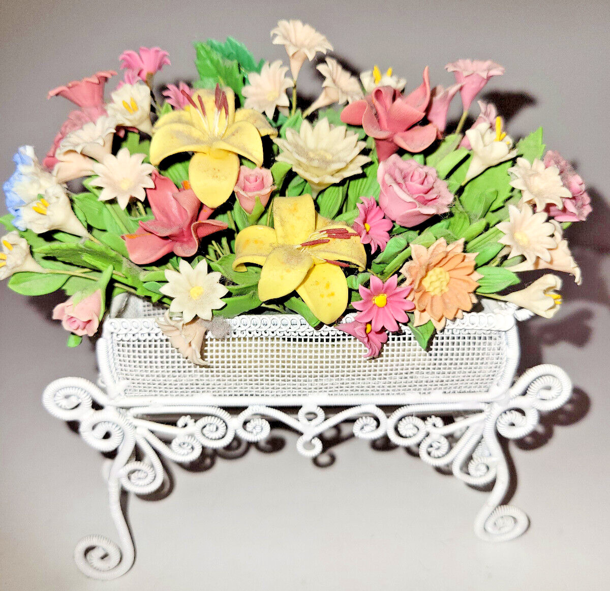 Spring Floral Artifical Arrangement in a Ornate White Metal Stand Small 5x5x1.75