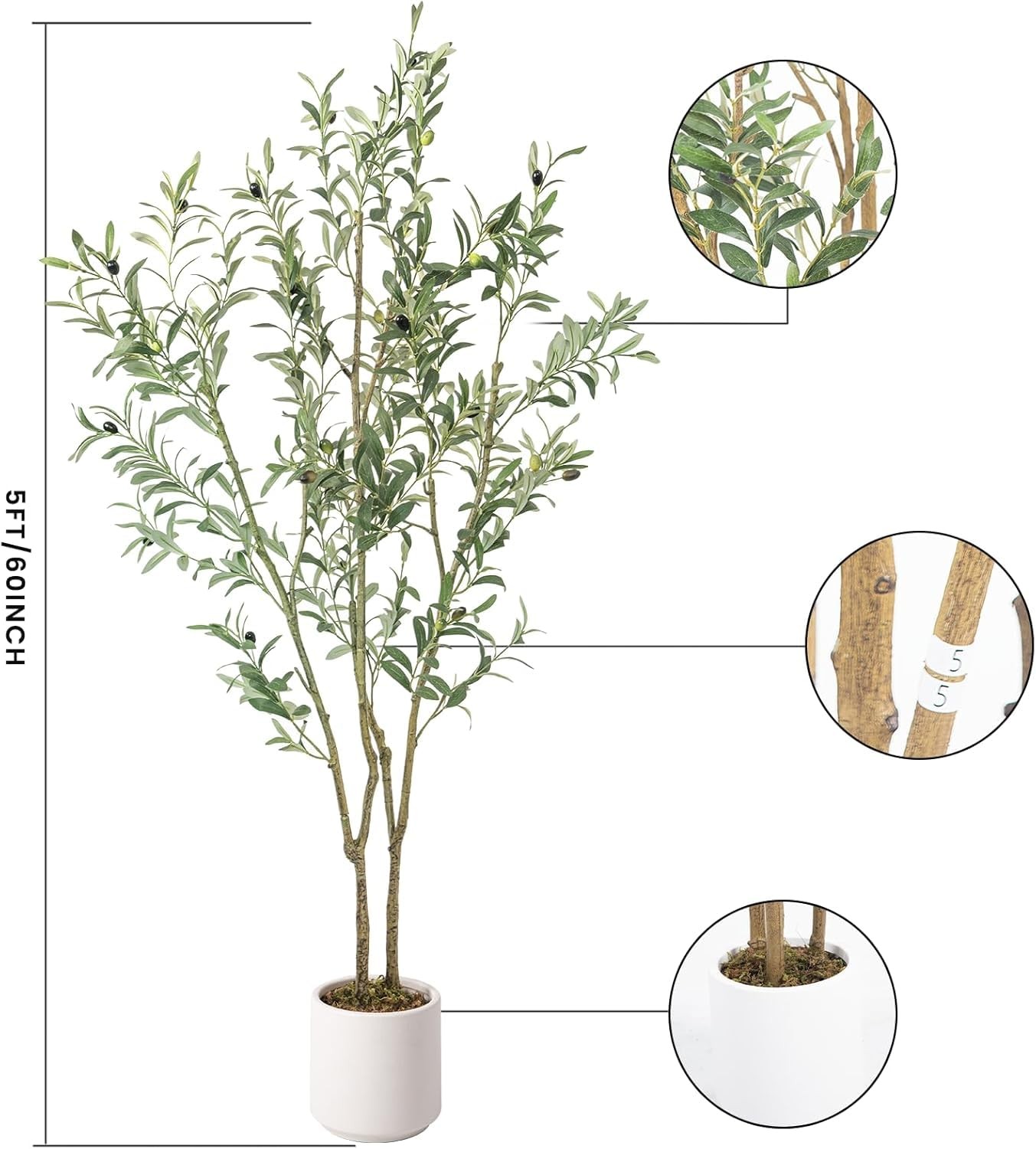 Artificial Fake Olive Tree 5FT Tall 1Pack with White Planter Faux Silk Olive …
