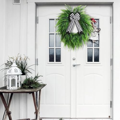 Wreaths for Front Door,22″ Spring Summer Greenery Boston Fern Leaf for Outdoor