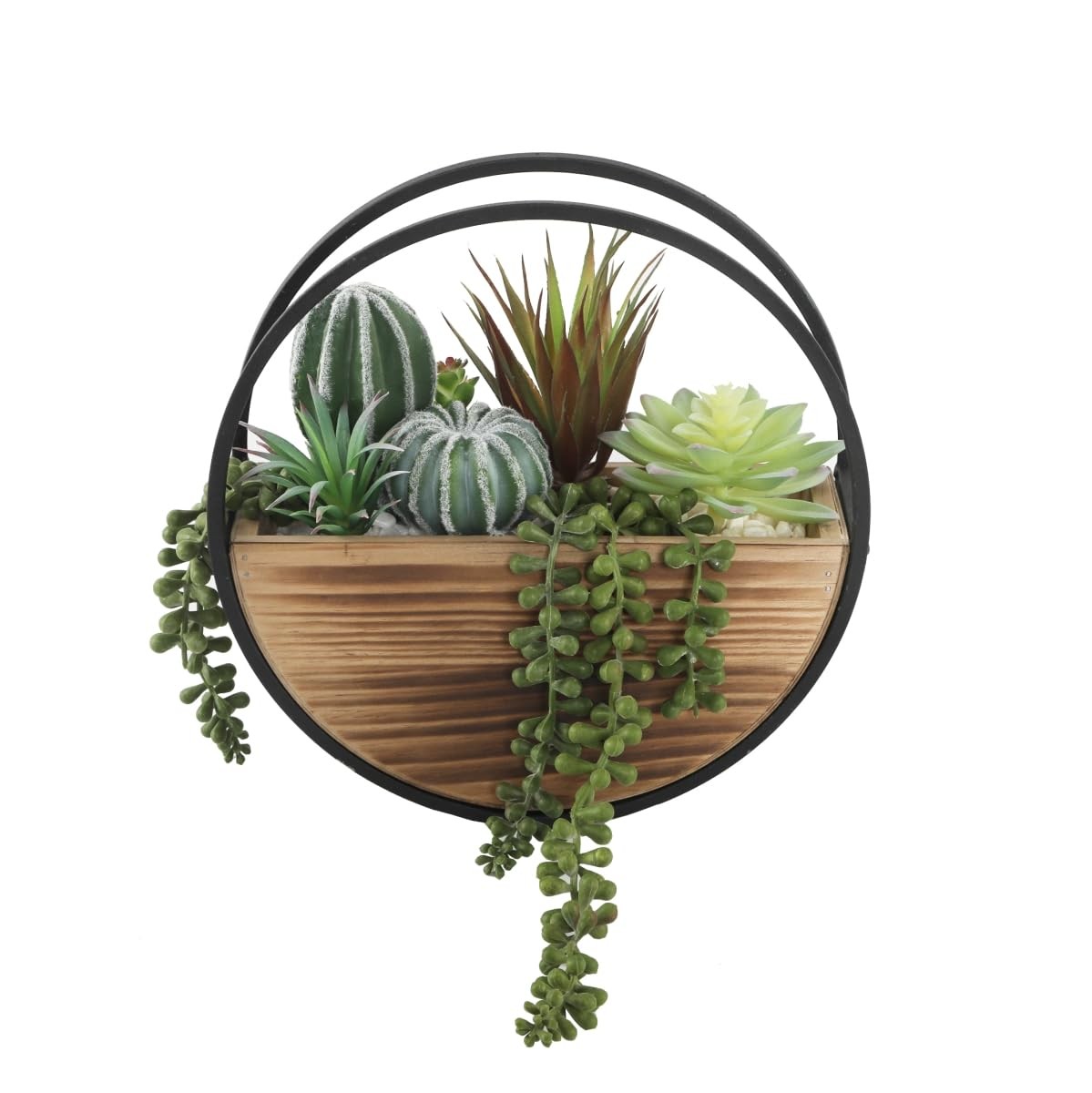 11 Inch Artificial Round Wood Metal Wall Faux Succulent Plant Mix TS1881E