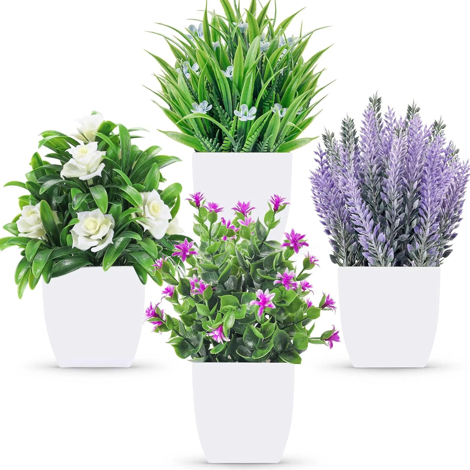 4 Pack Fake Plants Small Artificial Potted Faux Plants with Flowers for Home …