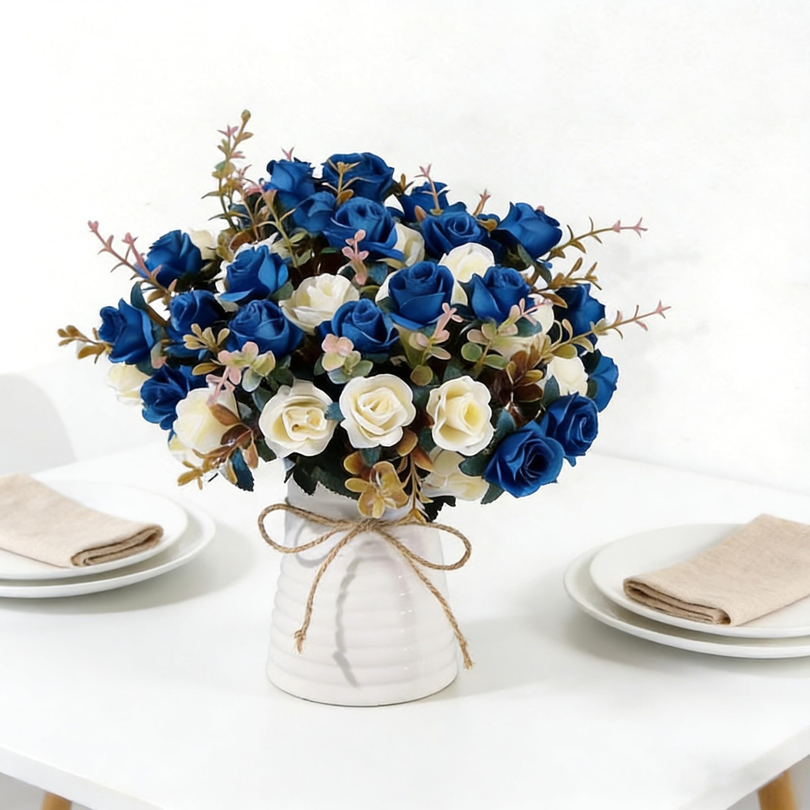 MOOMASS Artificial Rose Bouquets and Ceramic vases, Fake Silk Roses, Suitable fo