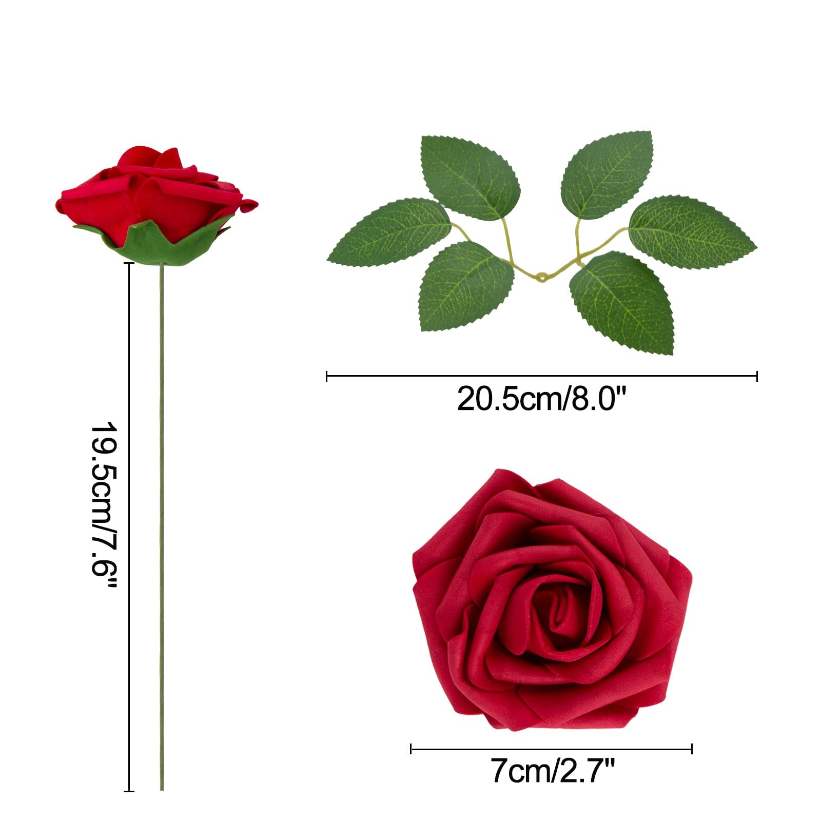 Artificial Flowers Dark Red Rose Fake Foam Roses with Stem for Wedding Bouquets