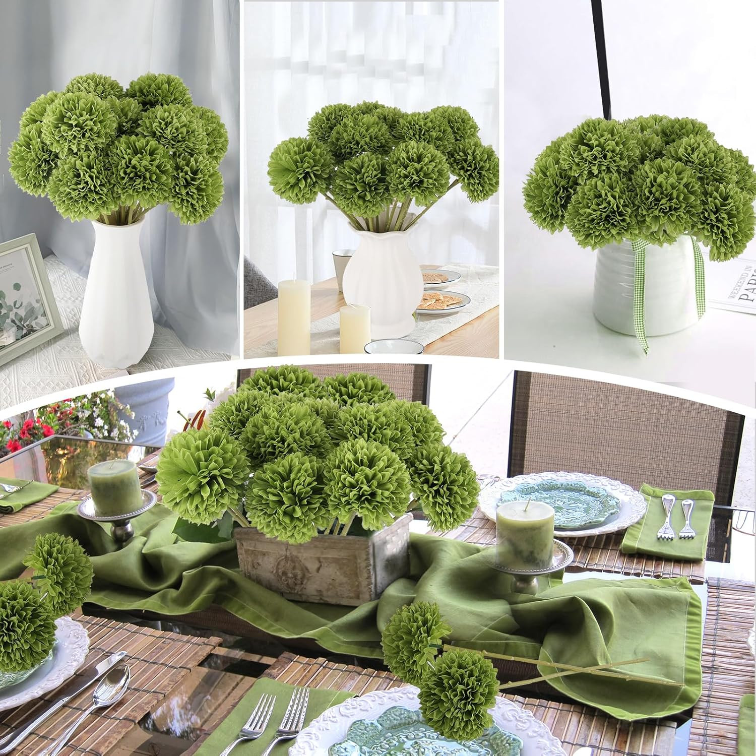 12 Pcs Artificial Chrysanthemums Flowers Green Flowers Silk Fake Mums Flowers fo