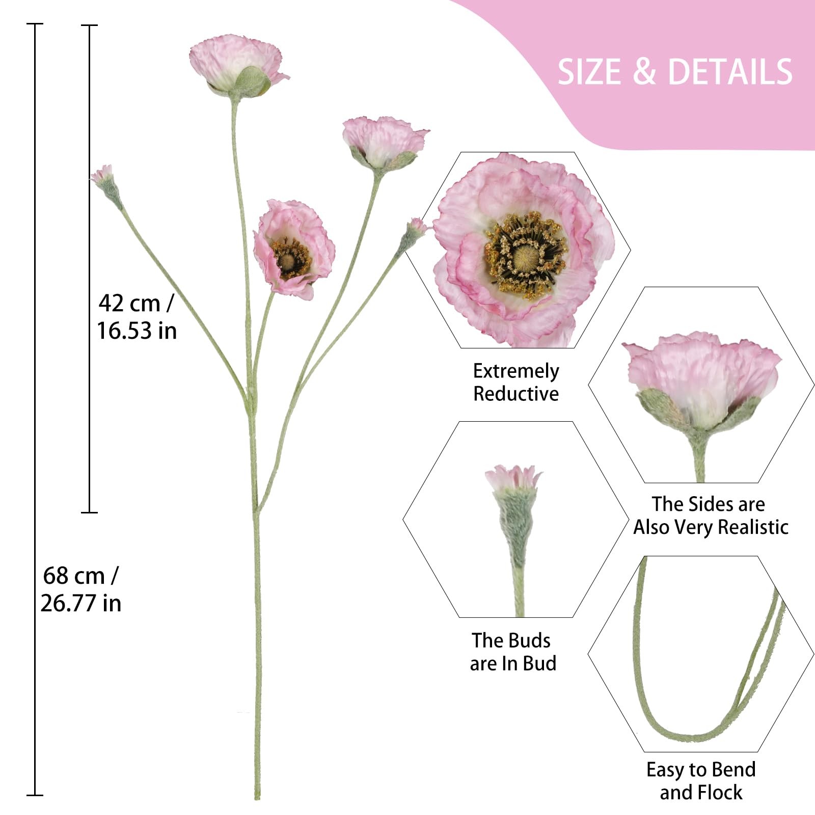 6PCS Pink Poppy Flowers Artificial 26.77in 30 Heads Faux Poppy Flowers Silk F…