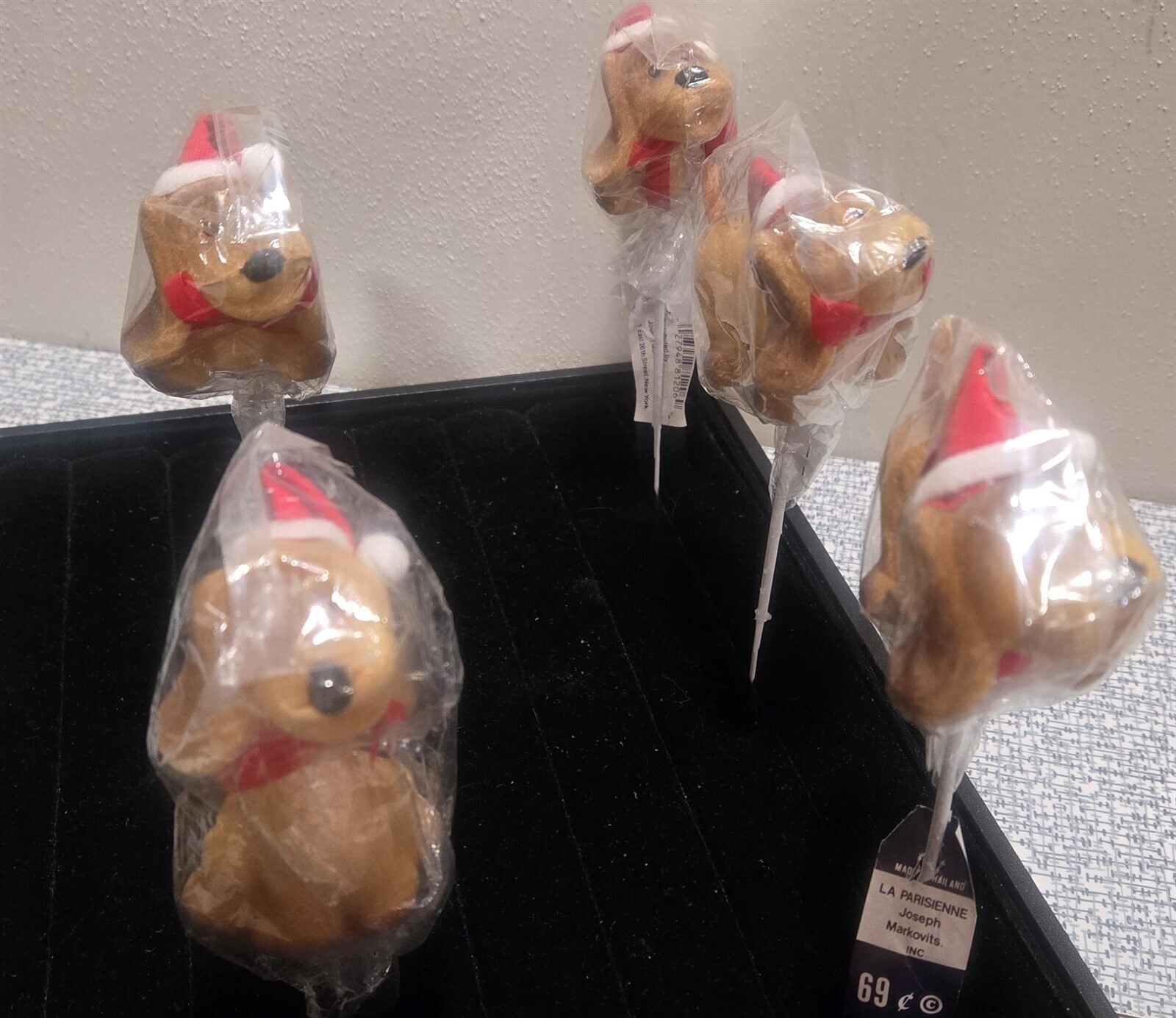 Vtg LOT of 5 Small FLOCKED DOG Wearing SANTA HAT Floral PICKS Christmas NOS