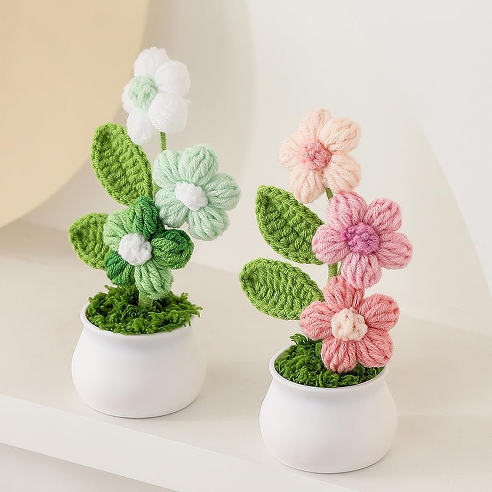 Knitting Crochet Puff Flowers Potted Plants, Gradient Colorful Flowers