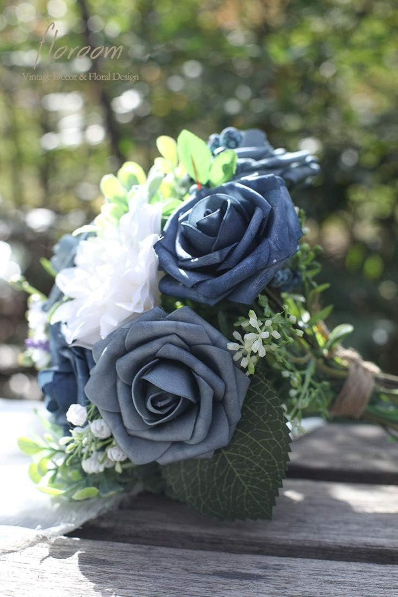 Artificial Flowers 50Pcs Real Looking Dusty Blue Foam Fake Roses with Stems for
