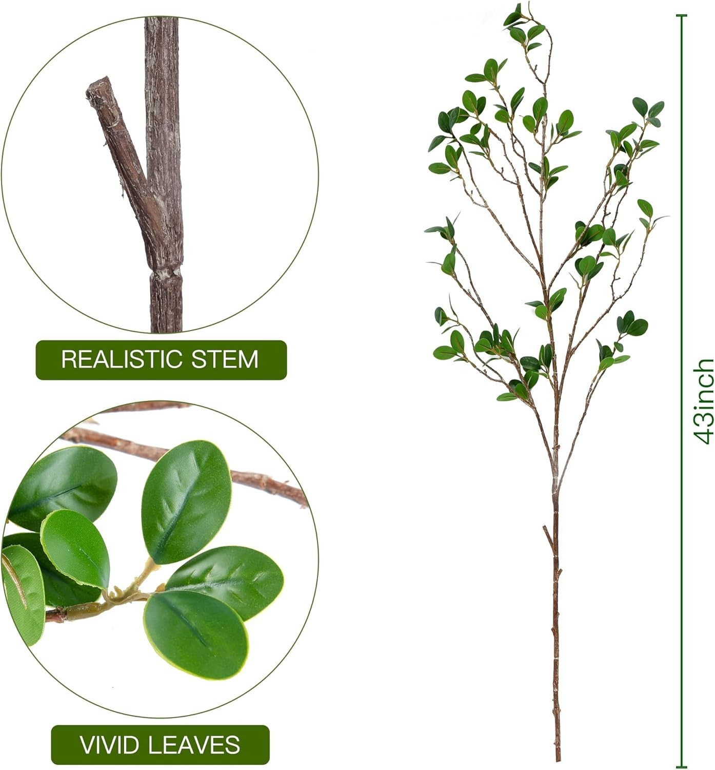 43 Artificial Ficus Branches 3 Piece Faux Greenery Stems for Home Decor