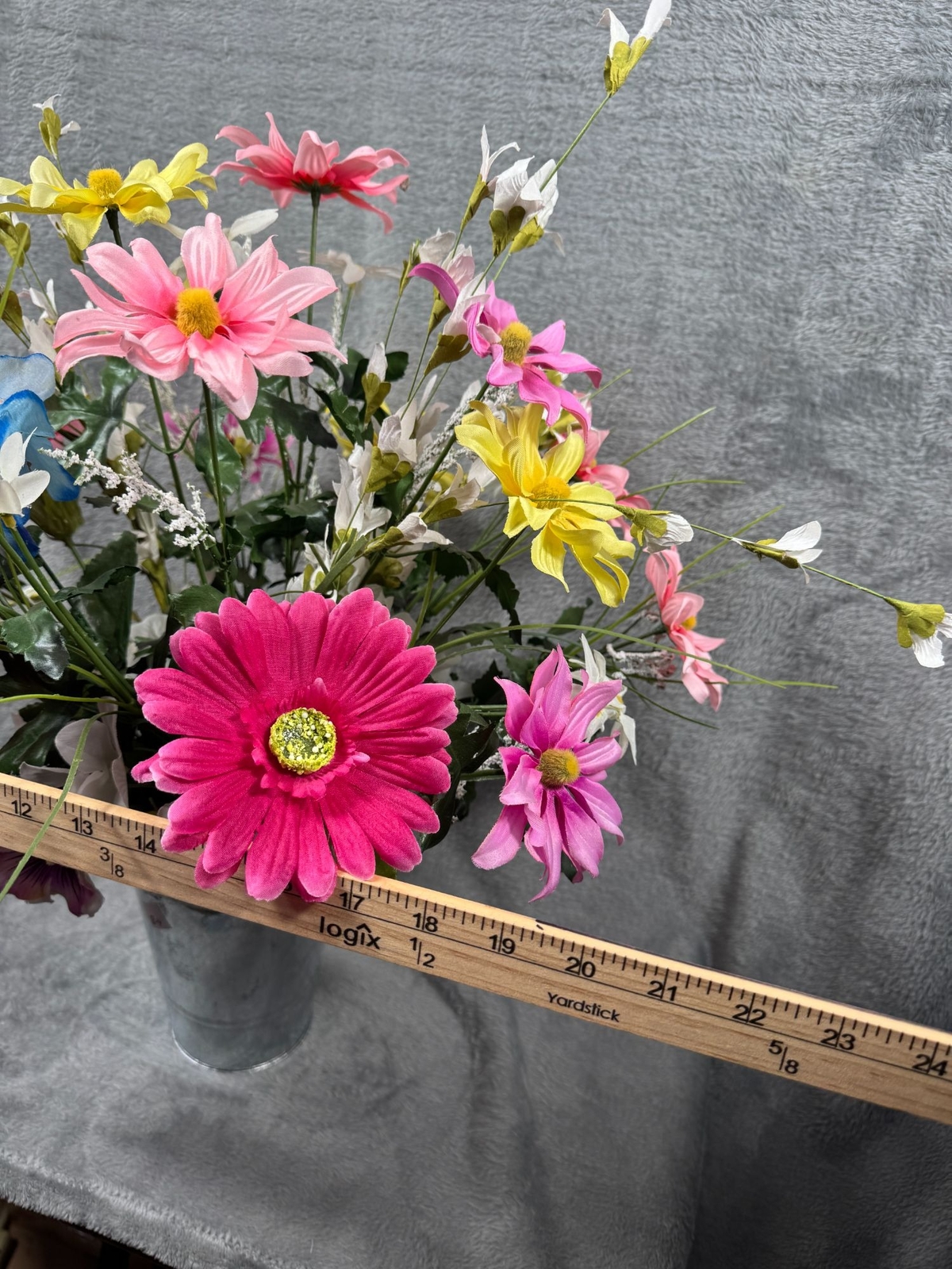 Artificial Flower Bouquet In Galvanized Metal Vase – Mixed Colors & Blooms