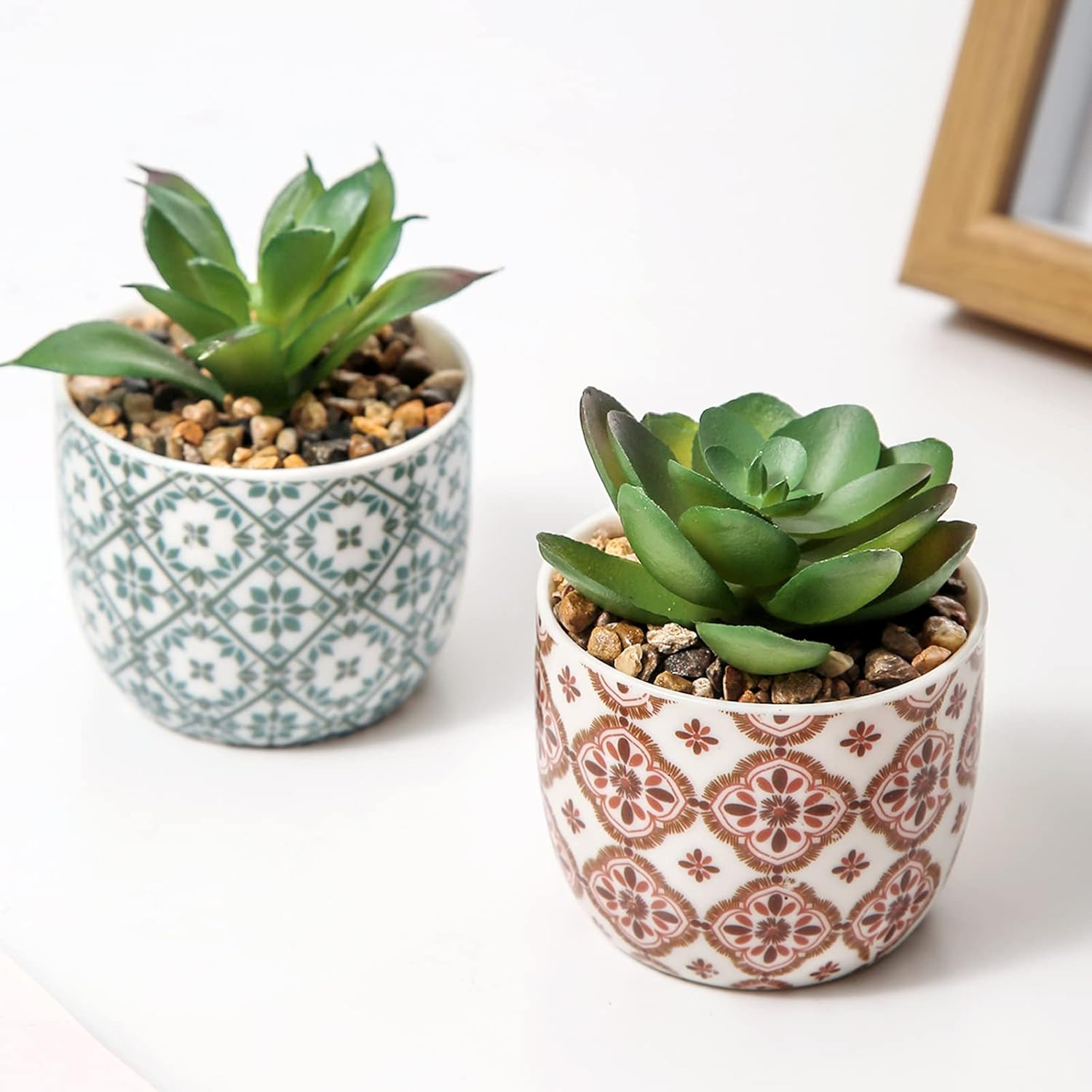 Artificial Plants Succulent Flowers in Ceramic Planter 2 Pack Small Fake Plants