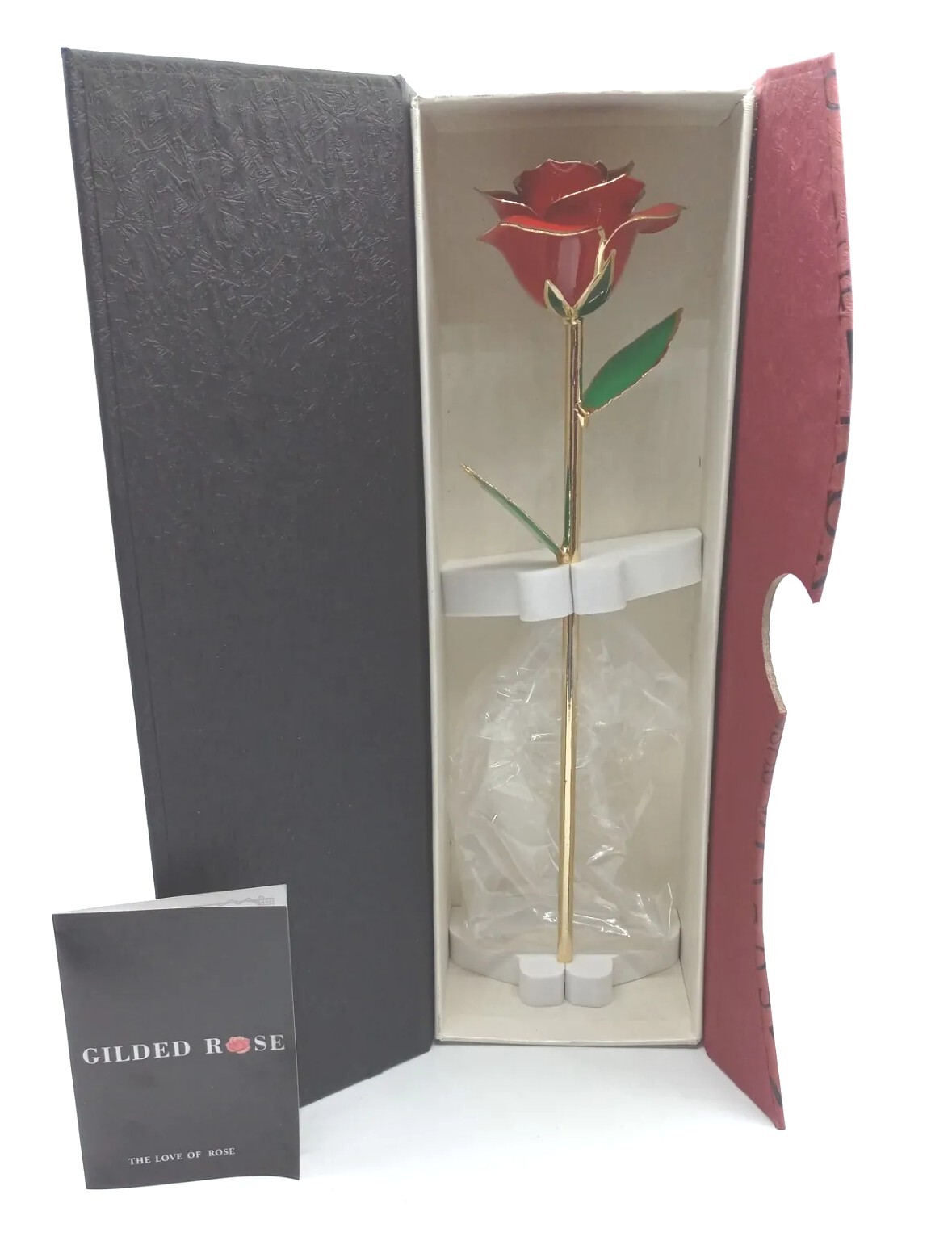 Gold Gilded Rose Real Red Long Stemmed Rose with Stand Open Box