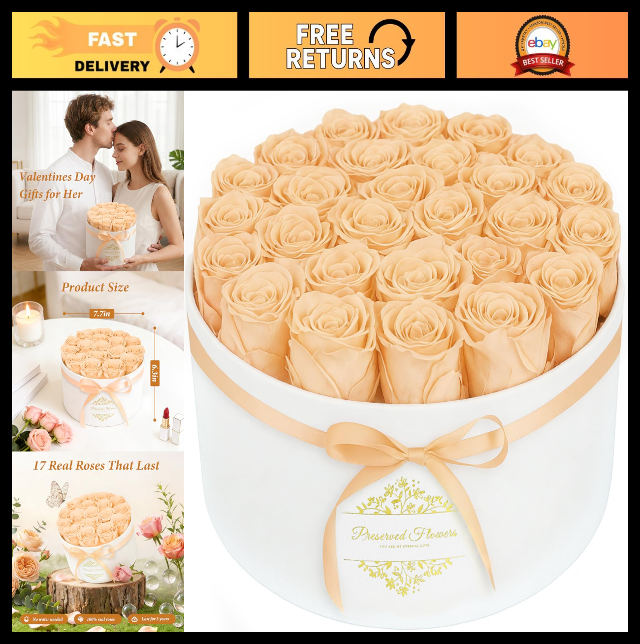 17 Preserved Forever Flowers in Luxury Suede Box – Romantic Gifts for Her, Anniv