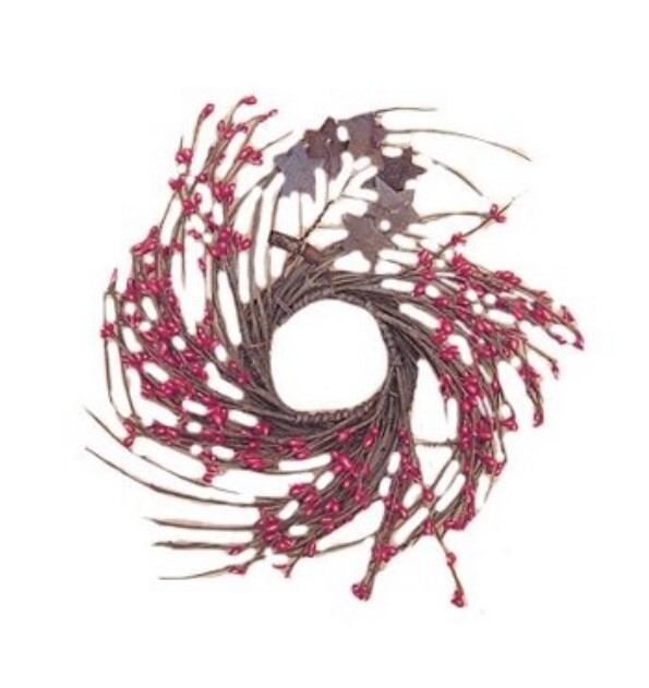 8” Red Pip & Star Twig Wreath – Primitive Farmhouse Americana Country