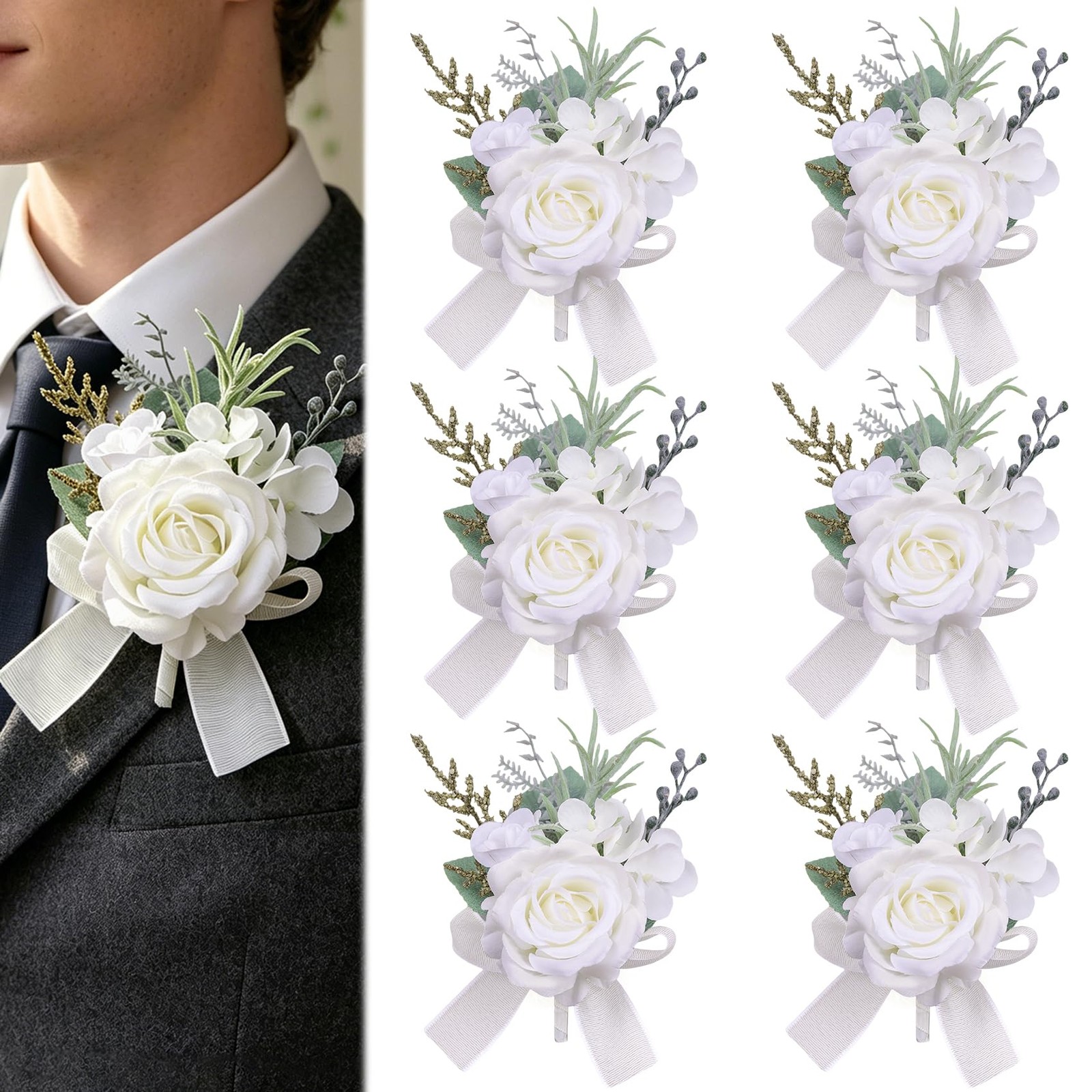 6 PCS Elegant Artificial White Rose Boutonniere For Men Wedding Prom Groom