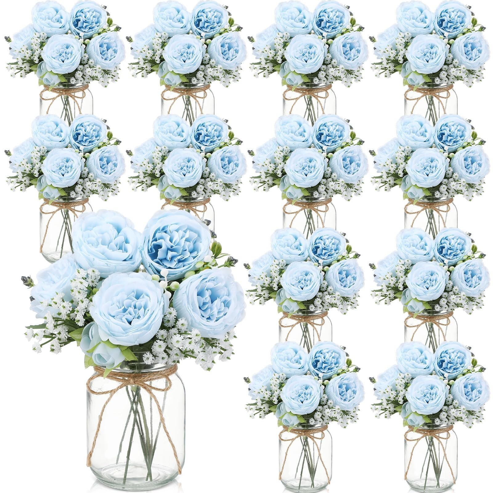 12 Sets Mason Jar Centerpiece Decor, Faux Peony & Baby’s Breath Bouquets, Rustic