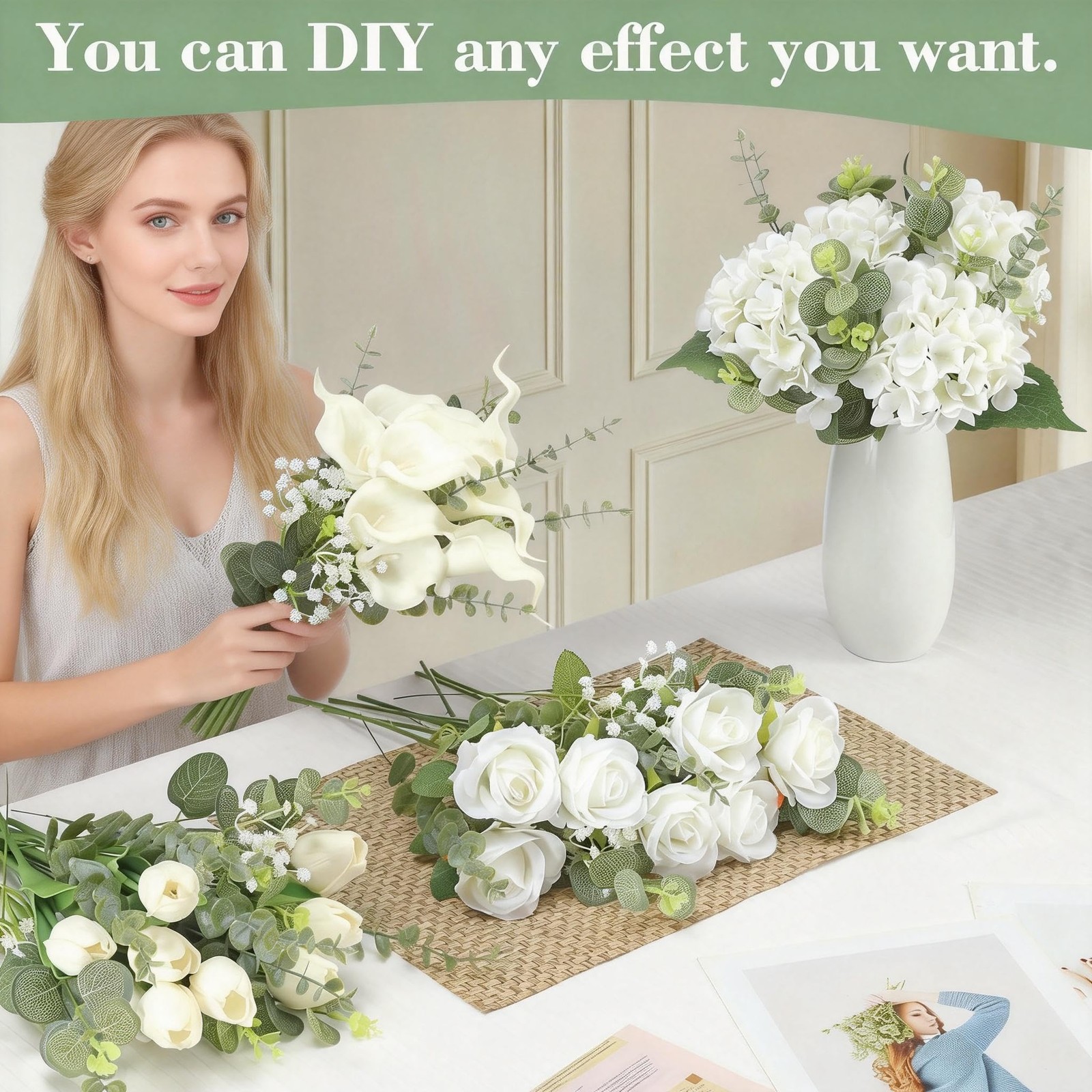 4 Kinds 55PCS Silk Hydrangea Artificial Flowers Eucalyptus Stems, Fake Flower…