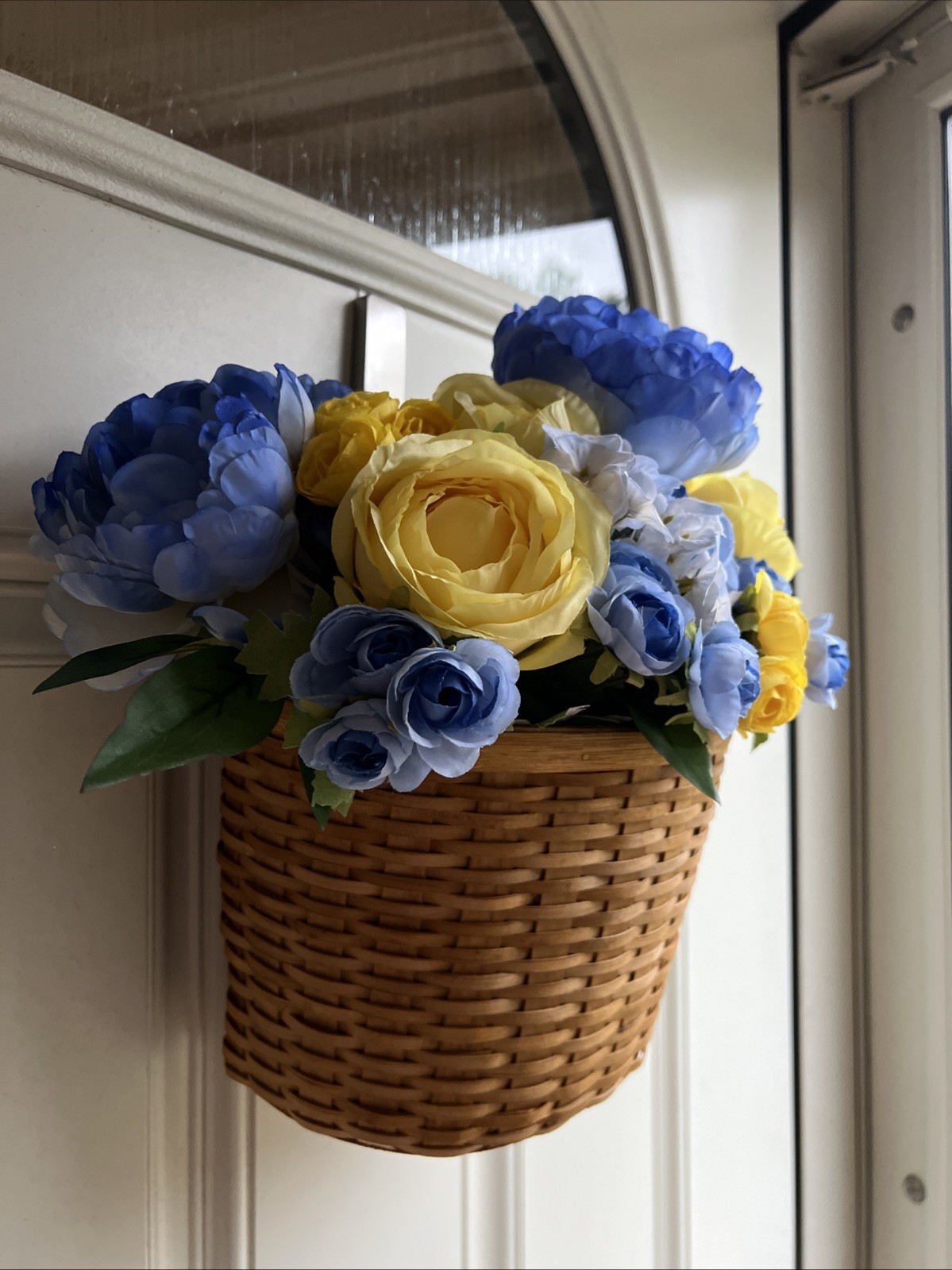 Wall Hanging Basket Floral Arrangement Yellow Roses & Bright Blue Flowers