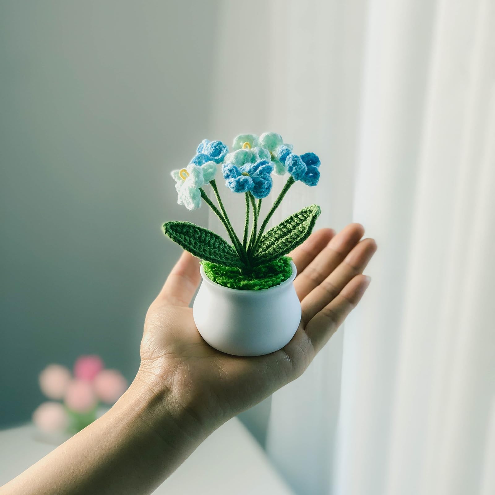 Blue Gradient Myosotis Crochet Potted Flowers Cute Car Dashboard Desk Decor