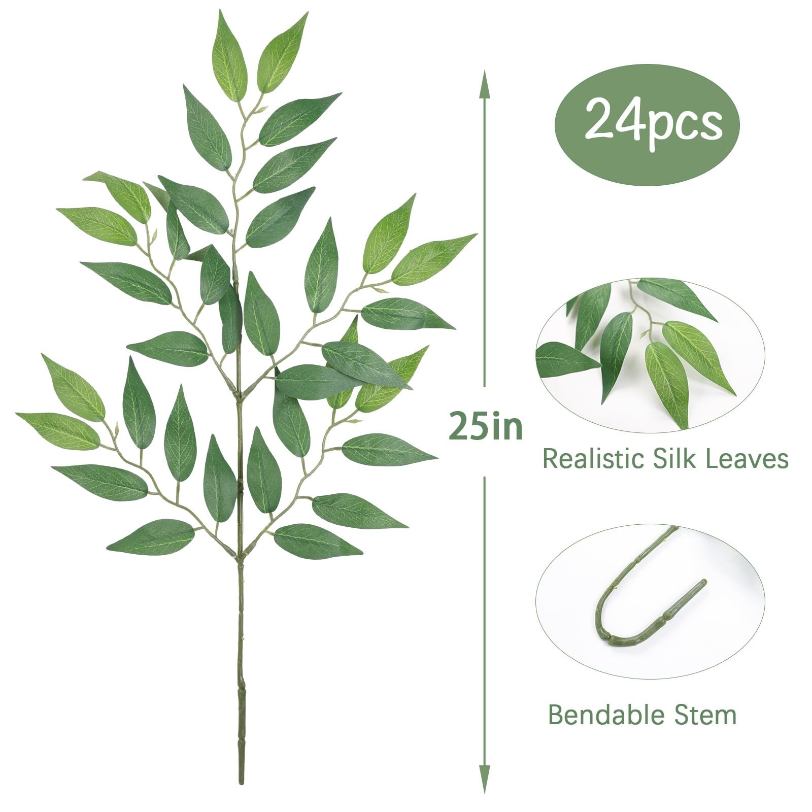 24pcs Italian Ruscus Artificial Greenery Stems Silk Green Leaves 20in Fake Sp…