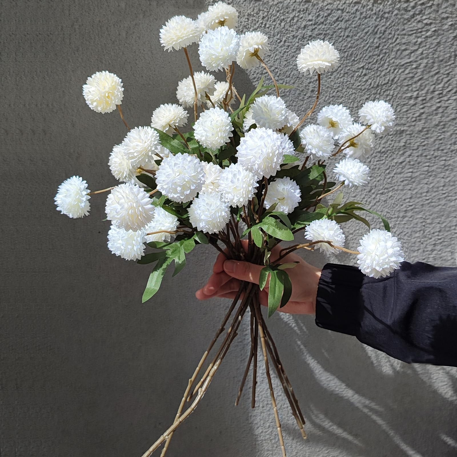 8 Pcs Artificial Flowers White Beige Faux Silk Pompon Mums, 20″ Long Stem Fak…