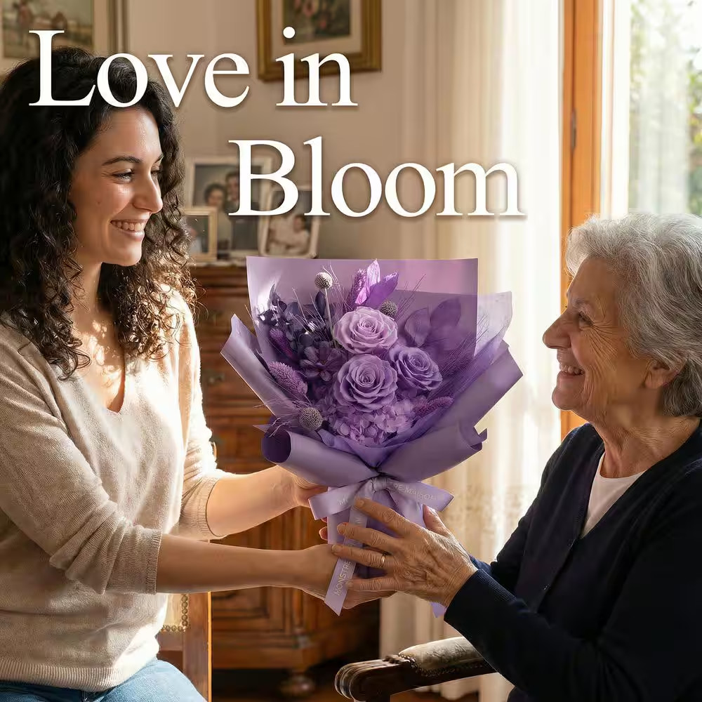 13.4 In. Purple Artificial Preserved Rose Bouquet-Includes Gift Box and Greeting