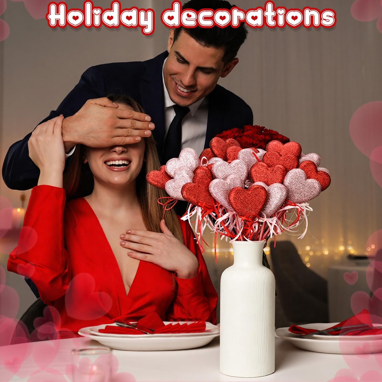 30 Pcs Valentine’s Day Glitter Foam Red & Pink Hearts Picks Puffy Heart Spark…