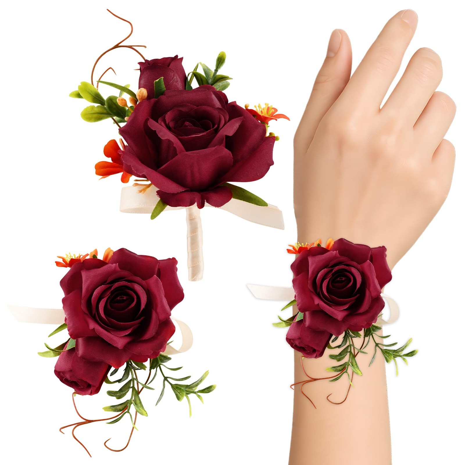 Wrist Corsage And Boutonniere Set Prom Artificial Flowers Wedding Red 2 PCS
