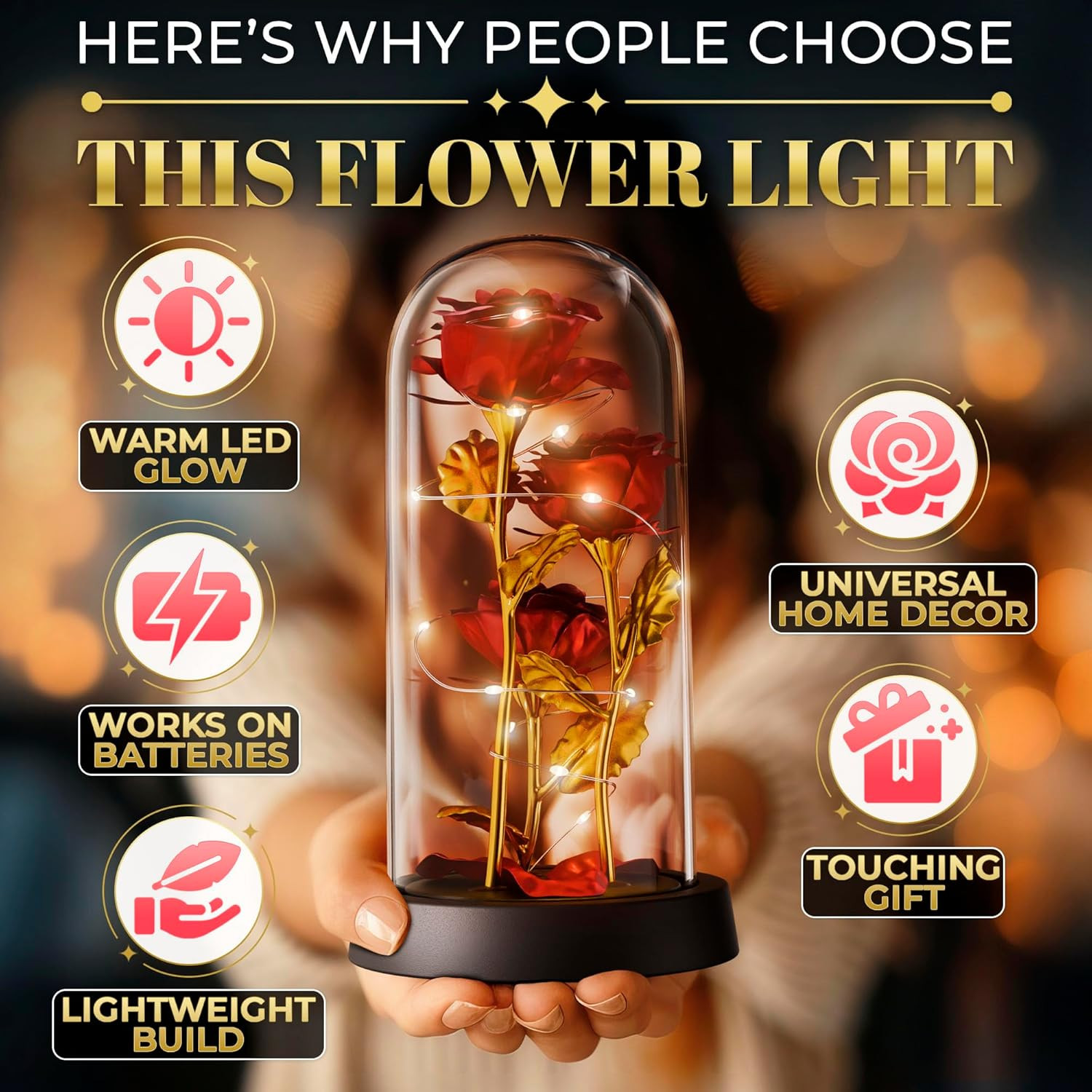 LED Light up Rose in Glass Dome in Gift Box for Mom & Grandma, Birthday Gifts fo