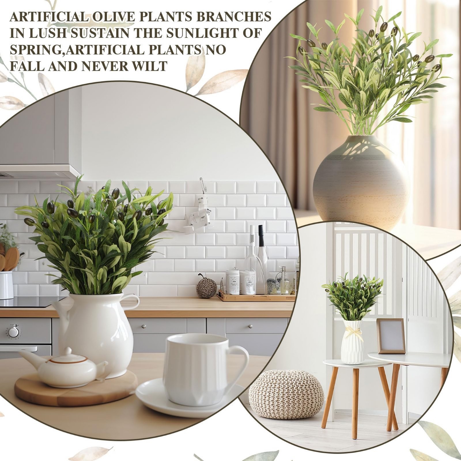 6 Pcs 18” Artificial Olive Branches for Vases Faux Olive Branches Silk Plant