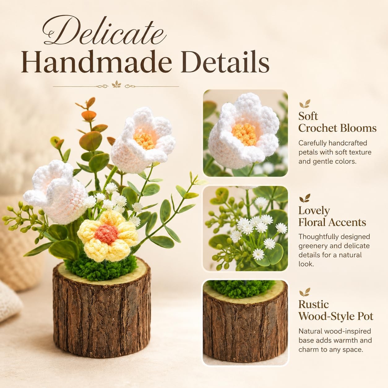 Hand Crochet Knitted Potted Rose Bouquet Creative Knitted Potted Plant mini C…