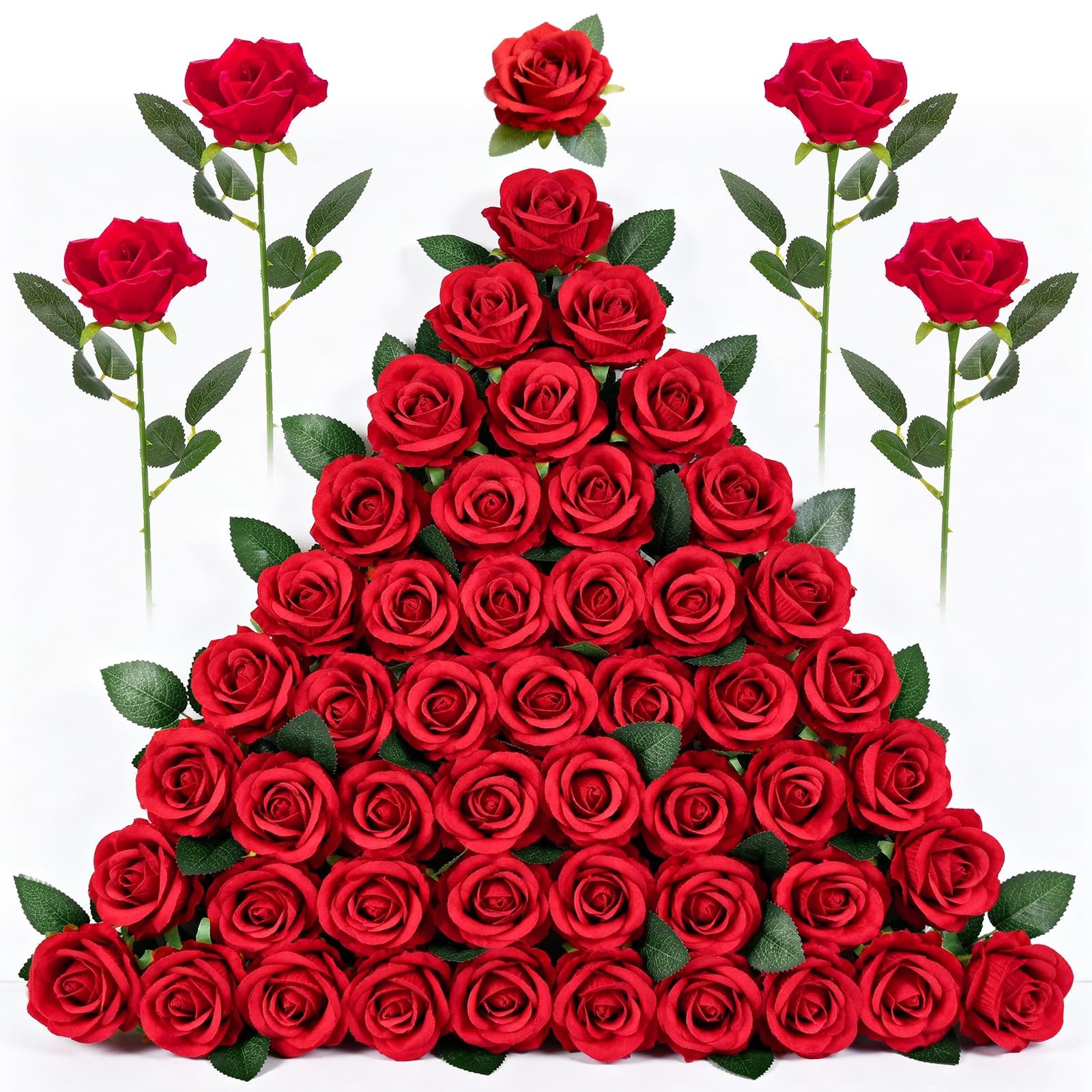 Fake Red Roses Set, 50 PCS Artificial Flowers Bulk, Realistic Silk Faux Rose …